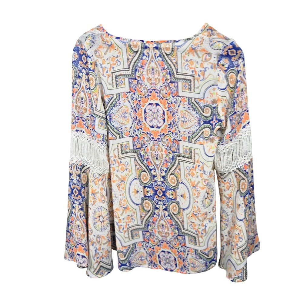 Blu‎ Pepper Boho Paisley Print Bell Sleeve Lace Trim Blouse Shirt Top Womens S